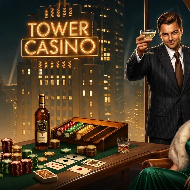 Gracz w garniturze wznoszący kieliszek przy stole pokerowym pod neonem Tower Casino